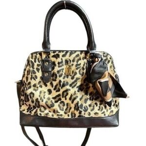 Leopard Print Dome Satchel Purse Black Trim Scarf Accent Handbag